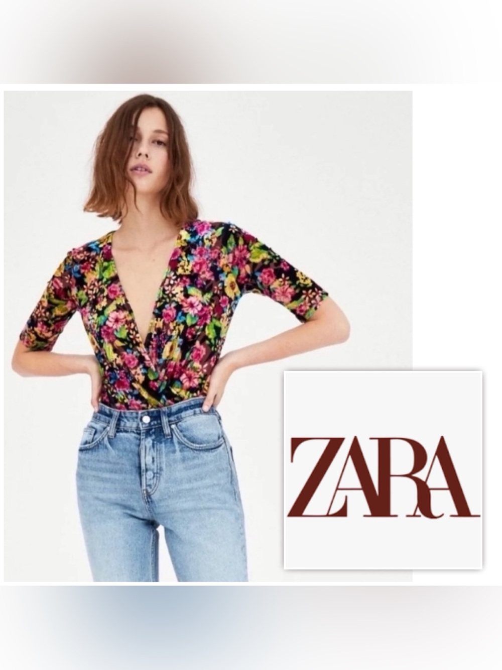 NWT Zara Women M Black Floral velour faux Wrap deep V-Neck Bodysuit Top Boho